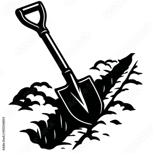 Dynamic Black and White Shovel Digging a Trench Vector - Symbol of Hard Work and Construction