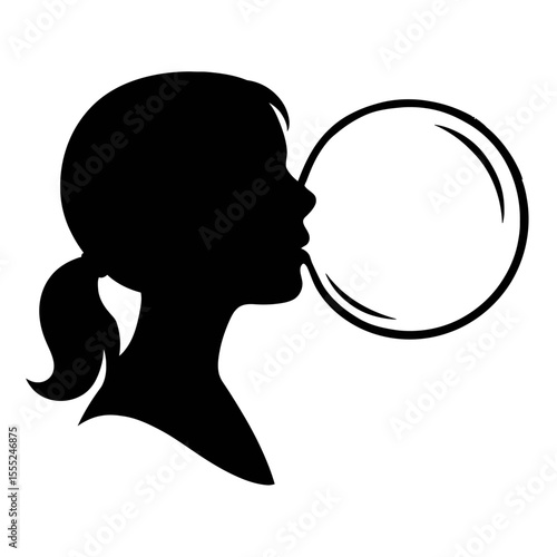 Playful Black and White Silhouette of Girl Blowing Bubble Gum Vector - Childhood Fun