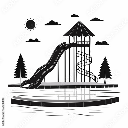 Pool With Water Slide Vector. Black and white Waterslide Vector Images on white background.