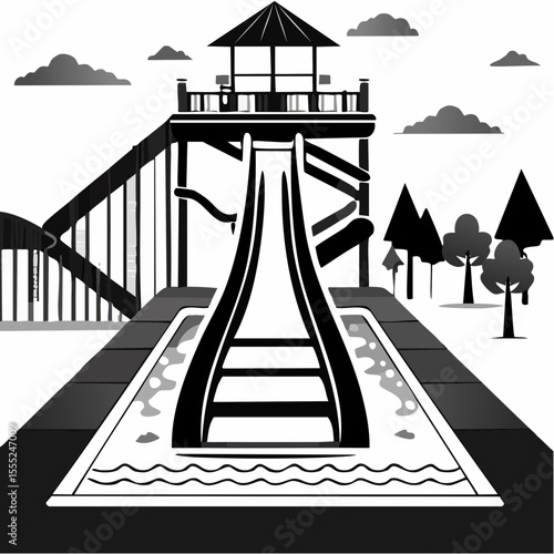 Pool With Water Slide Vector. Black and white Waterslide Vector Images on white background.