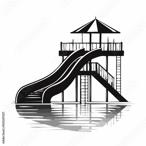 Pool With Water Slide Vector. Black and white Waterslide Vector Images on white background.