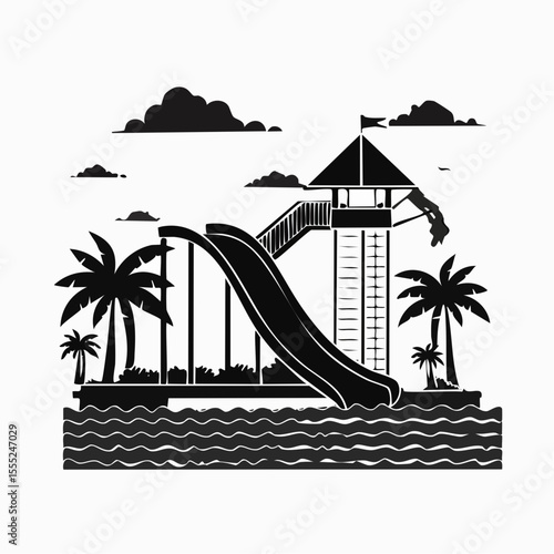Pool With Water Slide Vector. Black and white Waterslide Vector Images on white background.