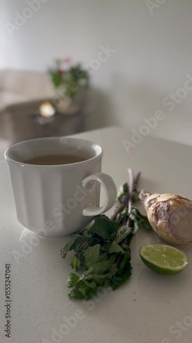 Still view of herbal tea with mint, ginger, and lemon