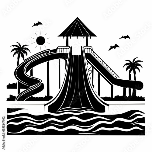 Pool With Water Slide Vector. Black and white Waterslide Vector Images on white background.