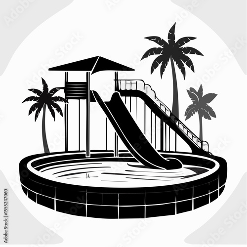 Pool With Water Slide Vector. Black and white Waterslide Vector Images on white background.