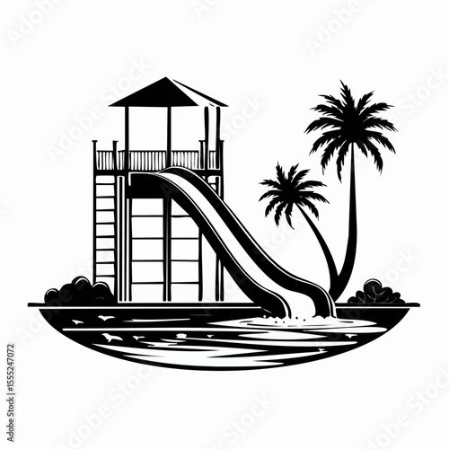 Pool With Water Slide Vector. Black and white Waterslide Vector Images on white background.