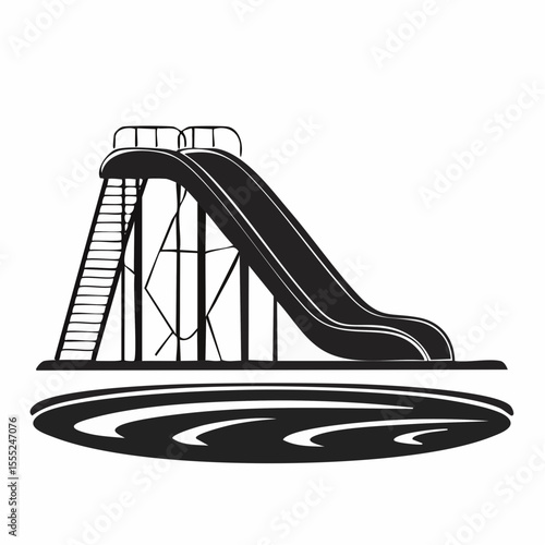 Pool With Water Slide Vector. Black and white Waterslide Vector Images on white background.