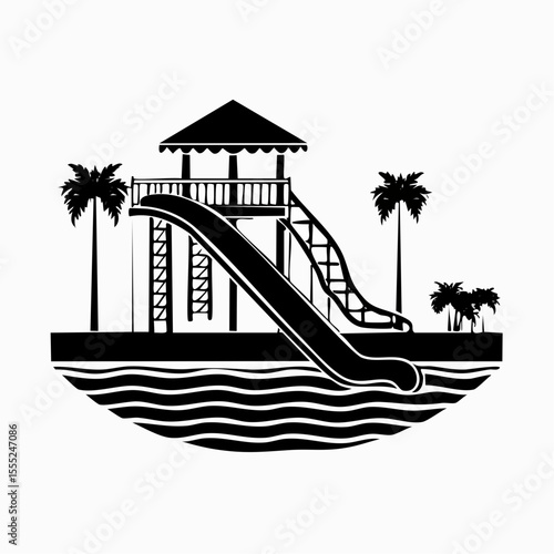 Pool With Water Slide Vector. Black and white Waterslide Vector Images on white background.