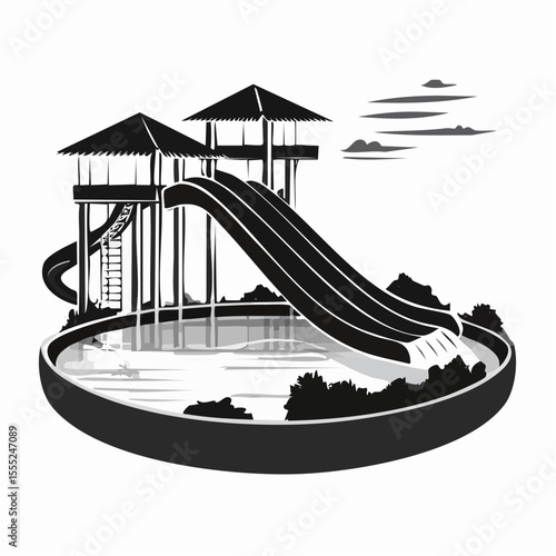 Pool With Water Slide Vector. Black and white Waterslide Vector Images on white background.