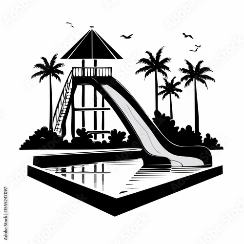 Pool With Water Slide Vector. Black and white Waterslide Vector Images on white background.