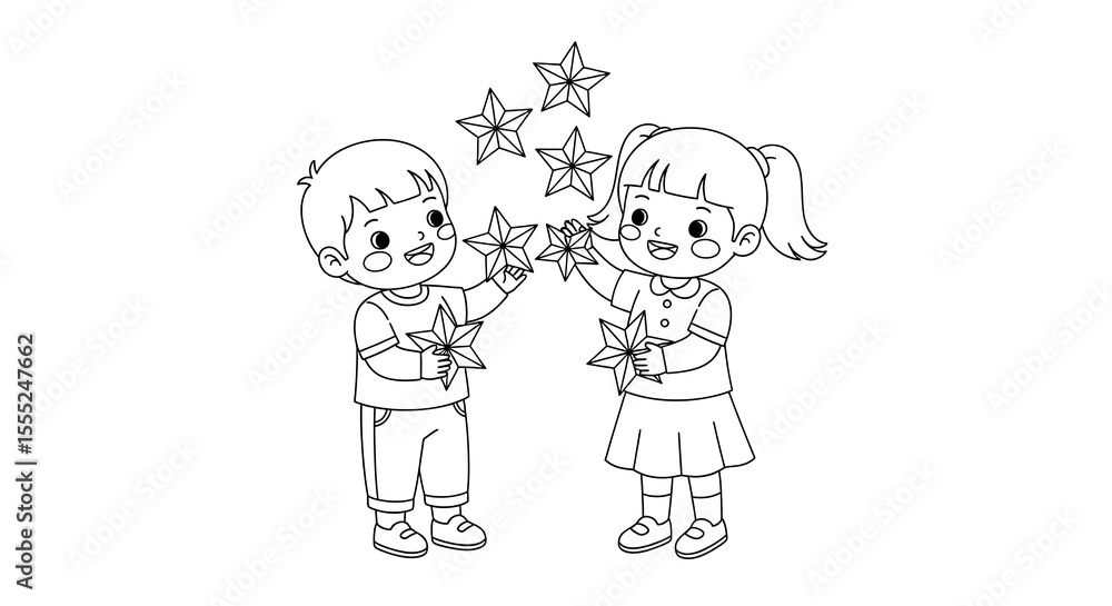 Happy cartoon children holding star shapes isolated on transparent background Happy cartoon children holding star shapes isolated on transparent background