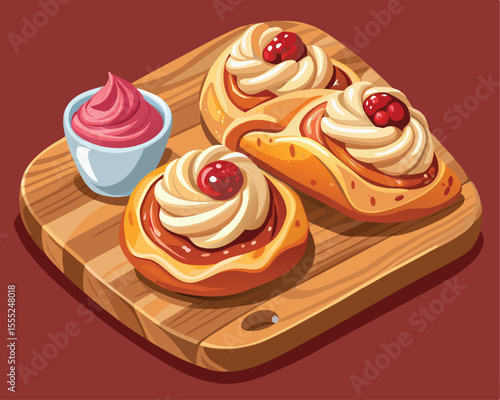 Freshly baked danish pastries with golden flaky pastry vector art design 