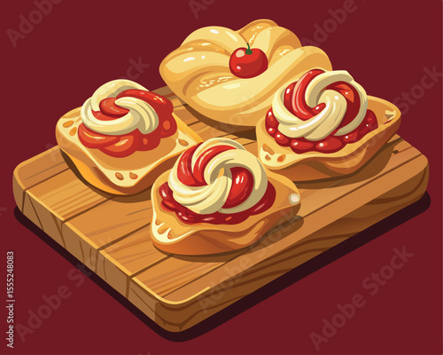 Freshly baked danish pastries with golden flaky pastry vector art design 