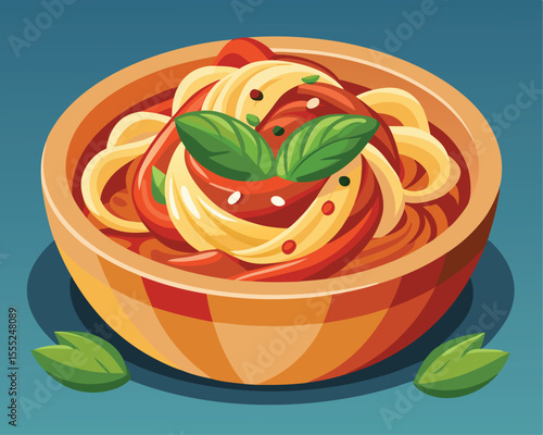 Freshly cooked pasta served in a rustic bowl vector art design 