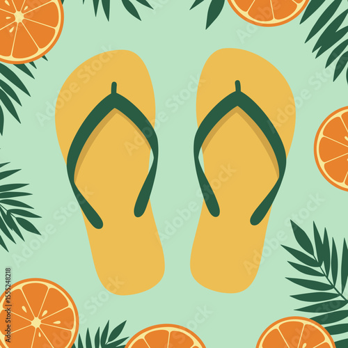 Yellow flip flops framed by green leaves and orange slices on a mint green background with copy space