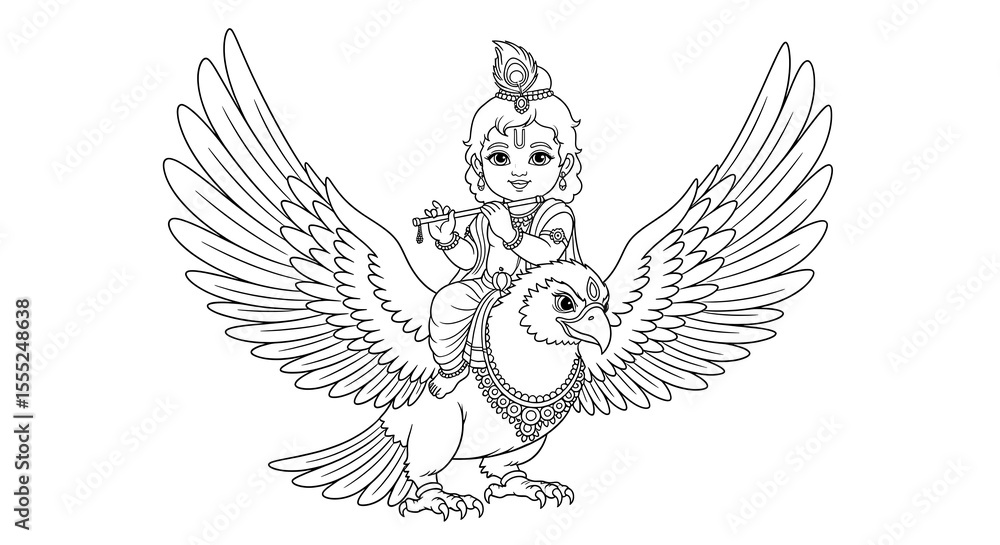 Obraz premium Cute cartoon krishna riding on garuda bird playing flute isolated on transparent background