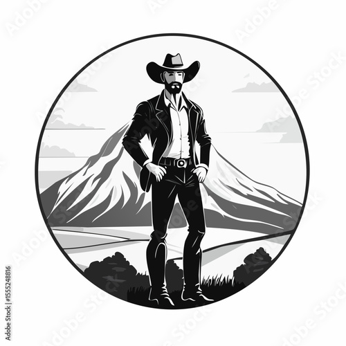 Confident Cowboy Striking a Bold Pose in Front of Majestic Mountain Vector Illustration
