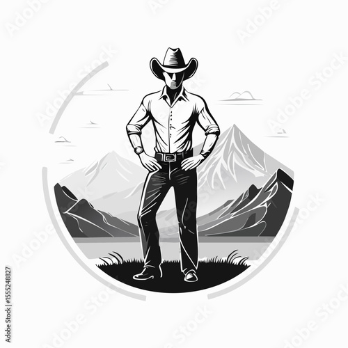 Confident Cowboy Striking a Bold Pose in Front of Majestic Mountain Vector Illustration