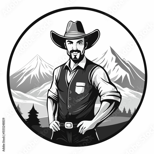 Confident Cowboy Striking a Bold Pose in Front of Majestic Mountain Vector Illustration