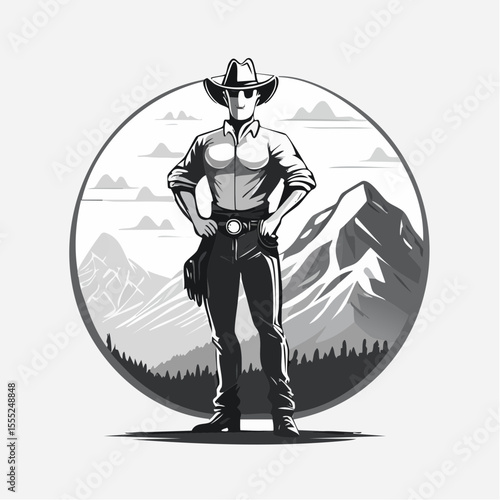 Confident Cowboy Striking a Bold Pose in Front of Majestic Mountain Vector Illustration