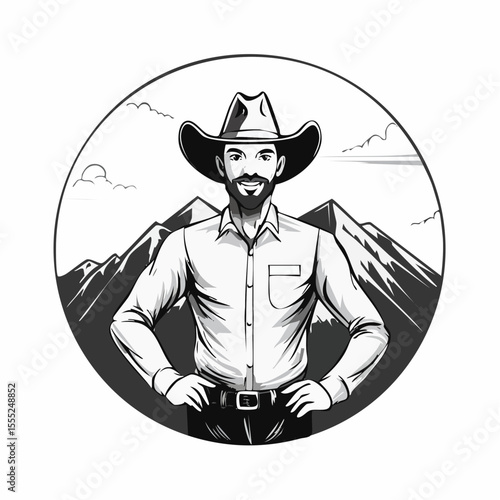 Confident Cowboy Striking a Bold Pose in Front of Majestic Mountain Vector Illustration