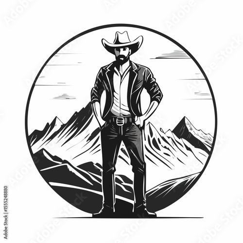 Confident Cowboy Striking a Bold Pose in Front of Majestic Mountain Vector Illustration