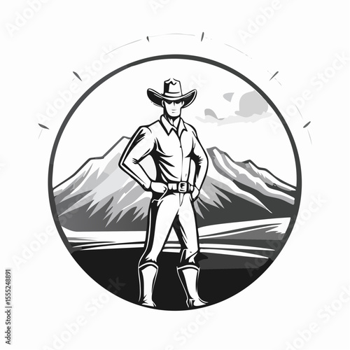 Confident Cowboy Striking a Bold Pose in Front of Majestic Mountain Vector Illustration