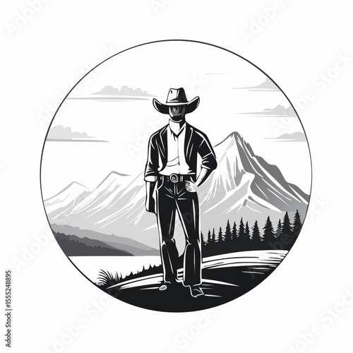 Confident Cowboy Striking a Bold Pose in Front of Majestic Mountain Vector Illustration