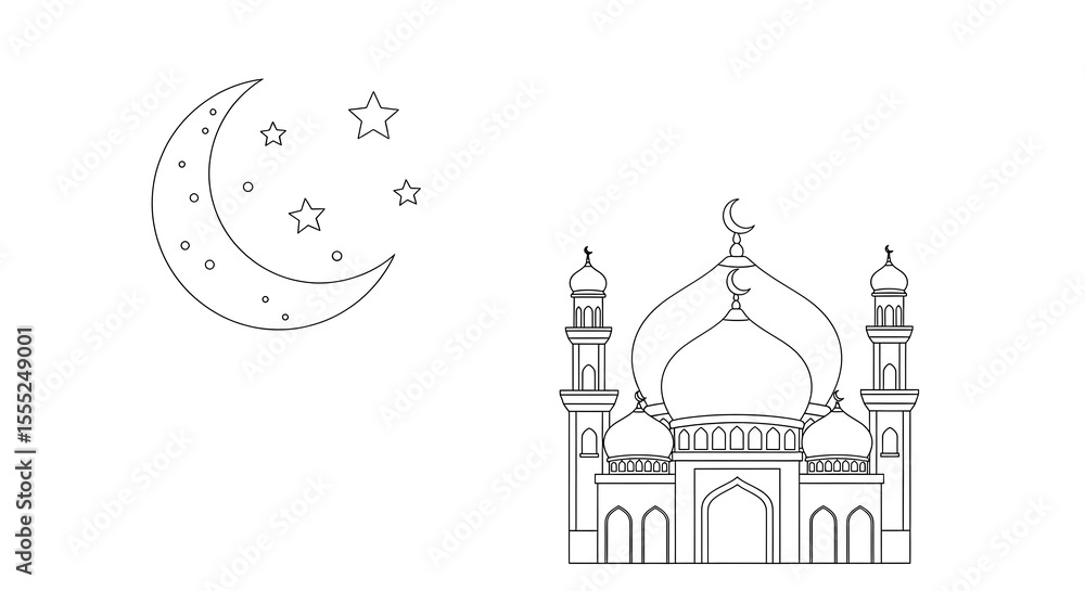 Obraz premium Islamic mosque with crescent moon and stars isolated on transparent background