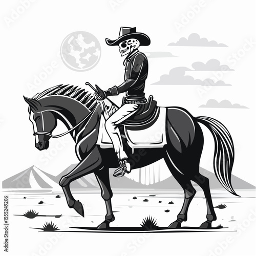 Cowboy Skull Riding a Skeletal Horse Across the Desert in a Western Vector Scene
