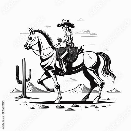 Cowboy Skull Riding a Skeletal Horse Across the Desert in a Western Vector Scene