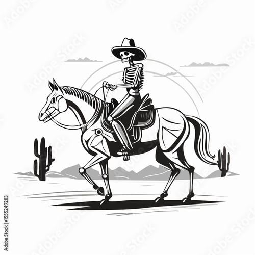 Cowboy Skull Riding a Skeletal Horse Across the Desert in a Western Vector Scene