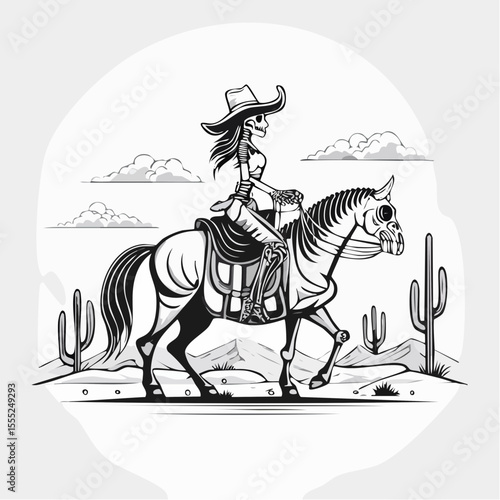 Cowboy Skull Riding a Skeletal Horse Across the Desert in a Western Vector Scene