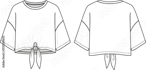 CAD vector illustration of front tie crop top with wide sleeves, front and back view, flat fashion sketch, casual garment design