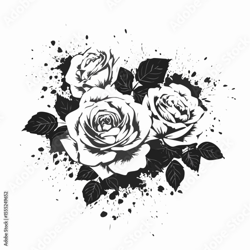 Grunge roses with splatters Vector Image isolated on white background.