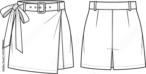 CAD vector illustration of short wrap skirt with belt and bow tie, front and back view, flat fashion design sketch