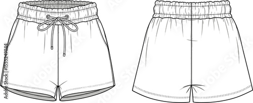Elastic waistband drawstring shorts technical fashion sketch, front and back cad flat vector illustration, comfortable loungewear activewear clothing design