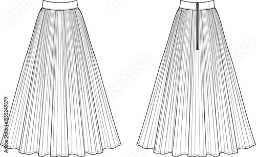 Elegant pleated long skirt technical sketch, fashion flat design, back and front view, detailed cad drawing flat vector illustration template
