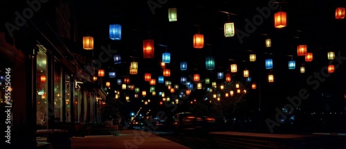 Wallpaper Mural Vibrant lanterns float above a city street at night, casting colorful reflections on the wet pavement, creating a whimsical urban atmosphere. Torontodigital.ca