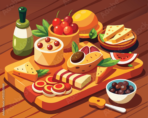 Spanish tapas assortment on rustic wooden surface vector art design 