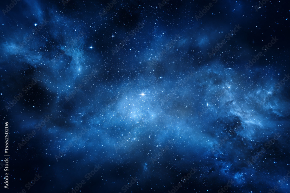 Naklejka premium Vast cosmic space filled with stars and nebulae showcasing deep blues and bright celestial bodies during nighttime exploration