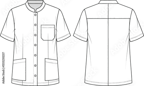 Flat sketch of men’s short sleeve button shirt with pockets and round collar, technical cad drawing flat vector illustration
