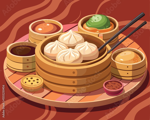 Traditional dim sum assortment in bamboo steamers various dishes vector art design 