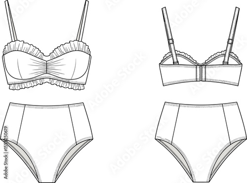 Lingerie technical flat sketch, front and back detailed CAD vector illustration of bra and high waist panty for fashion design
