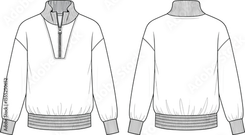 Men’s quarter zip pullover sweatshirt front and back view, flat sketch template, cad drawing flat vector illustration, fashion technical design