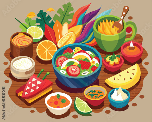 Traditional peruvian dishes featuring various foods vector art design 