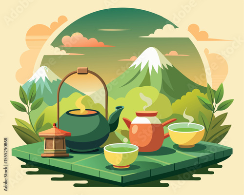 Traditional tea ceremony setup with elegant teaware vector art design 