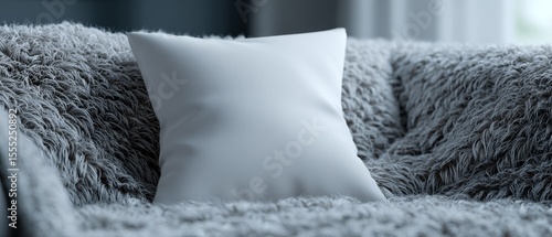 A fluffy white pillow sits on a plush grey armchair, the texture interplay exuding warmth and a sense of inviting comfort.