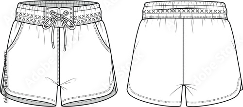 Technical flat sketch of women's drawstring shorts with embroidered waistband, front and back view, fashion cad vector illustration