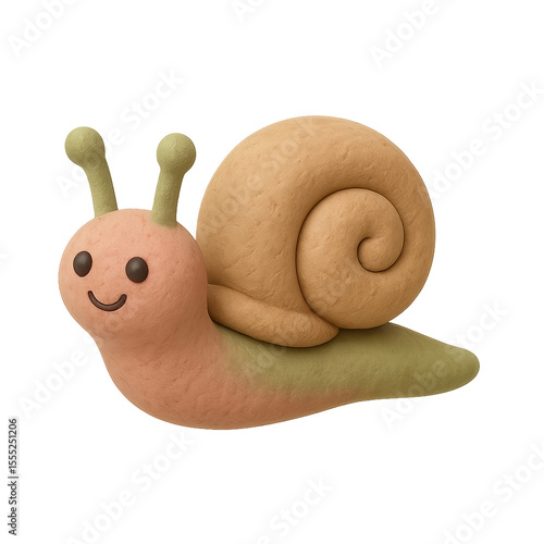 A charming, cartoonish snail made of clay, smiling and happy.